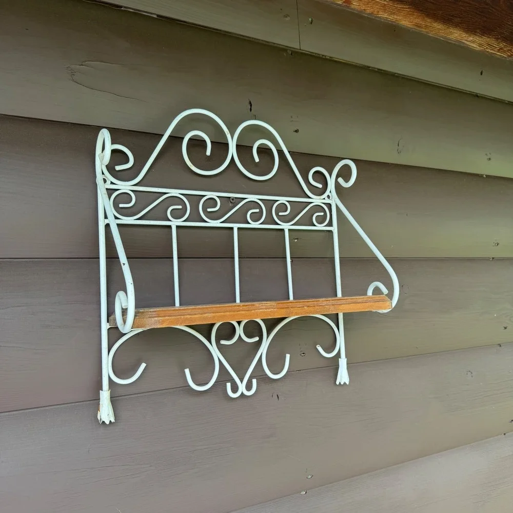 Vintage Wrought Iron Wall Shelf White Scrollwork Wood Inlay Cottagecore 16x14